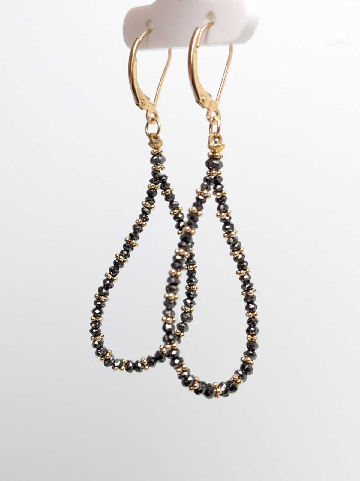 SALE - Black Diamond Pear Drop Earrings With Gold Rondelles in 14KW and 14KY 2+1