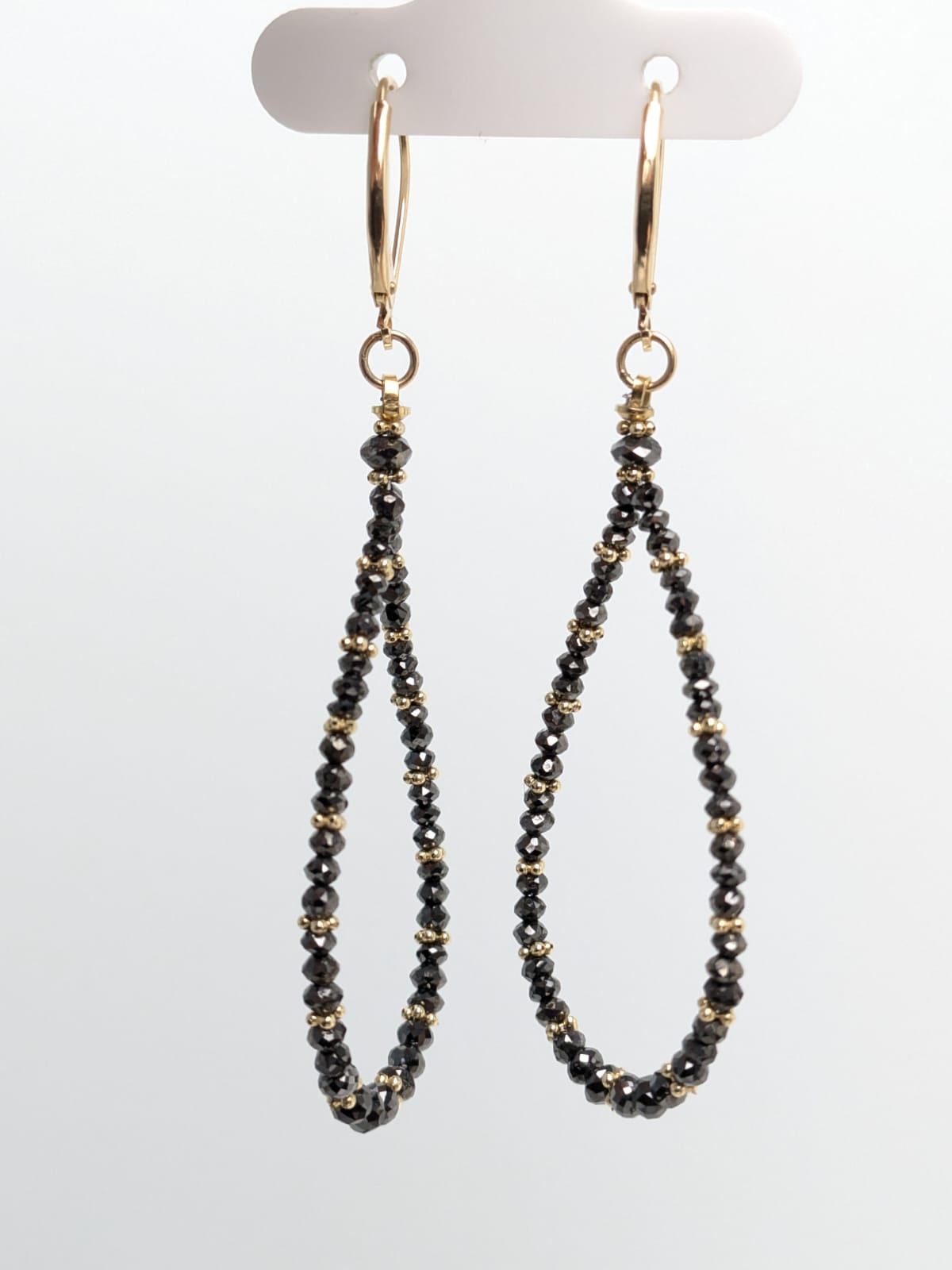 SALE - Black Diamond Pear Drop Earrings With Gold Rondelles in 14KW and 14KY 3+1