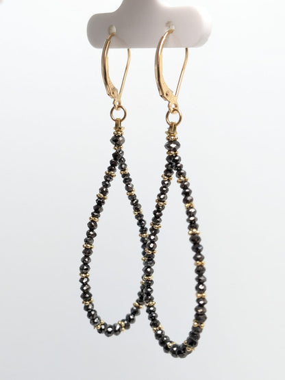 SALE - Black Diamond Pear Drop Earrings With Gold Rondelles in 14KW and 14KY 3+1