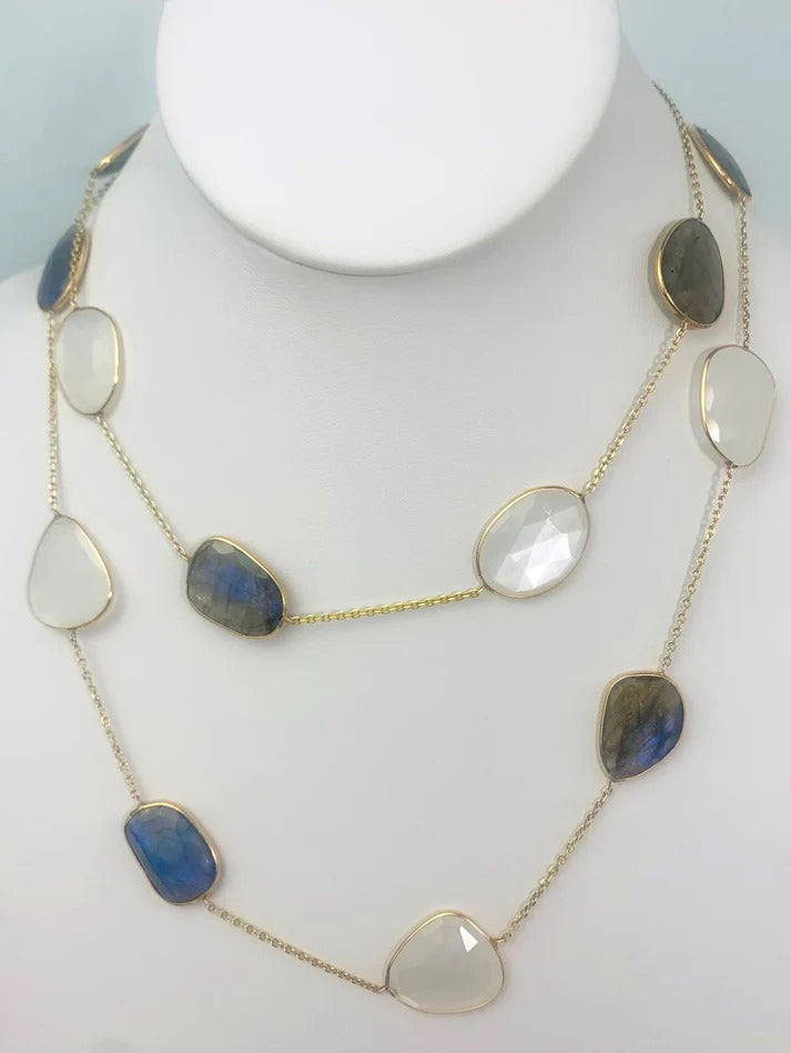 36" Moonstone And Labradorite Bezel Station Necklace in 14KW and 14KY - NCK-311 and NCK-310