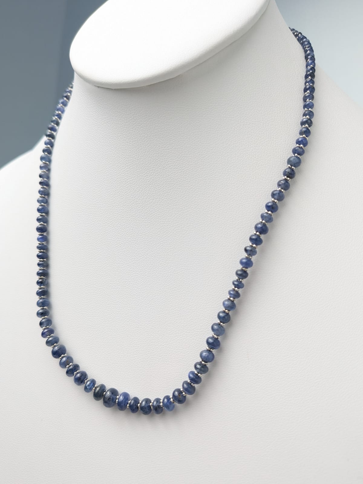 18" Smooth Round Sapphire Bead Strand Necklace with Gold Rondelle Accents in 14KW - NCK-753