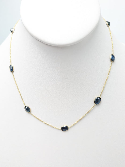 16" Blue Sapphire Bezel Station Necklace in 14KY - NCK-729