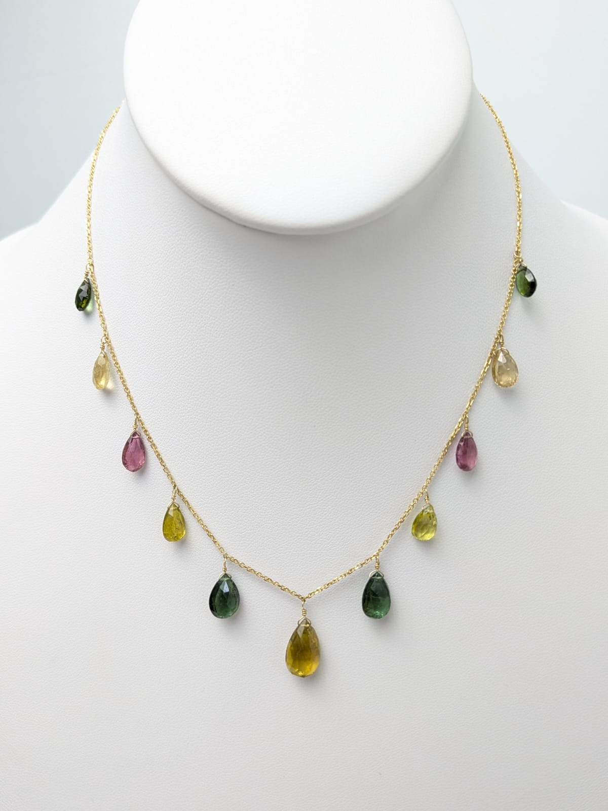 16" Multicolor Tourmaline Station Dangly Necklace in 18KY - NCK-718