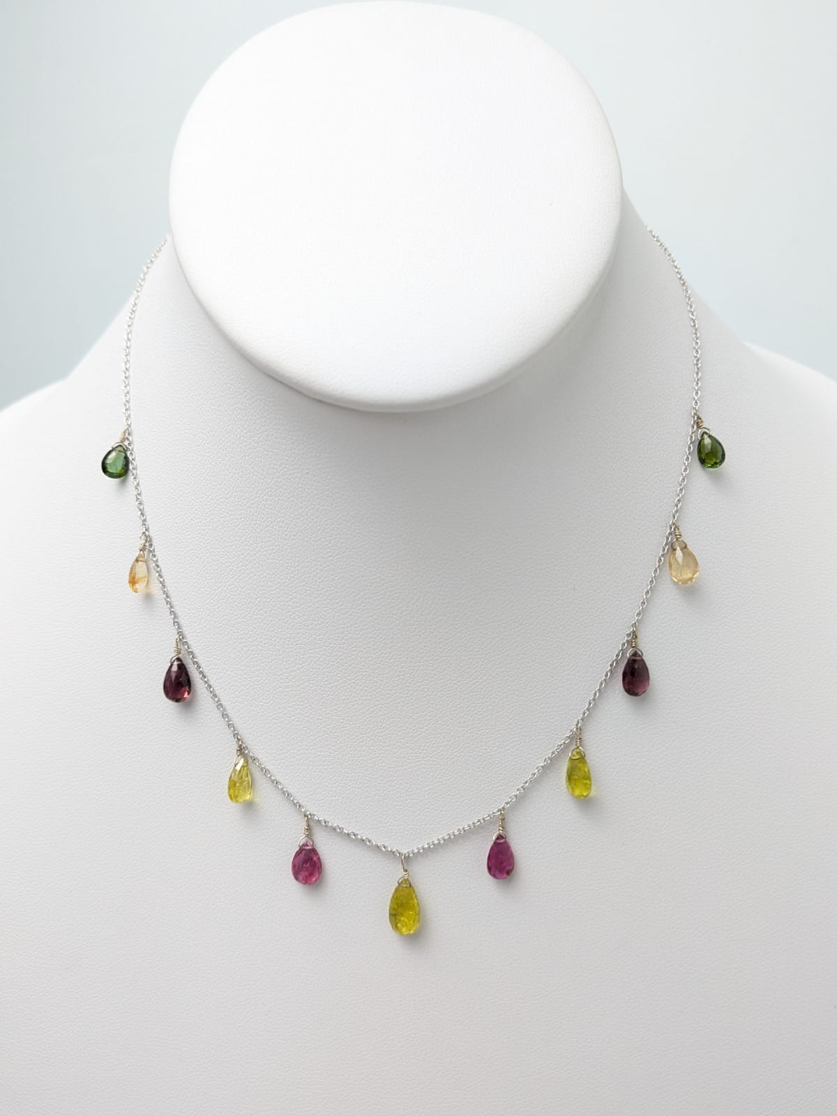 16" Multicolor Tourmaline Station Dangly Necklace in 18KW - NCK-716