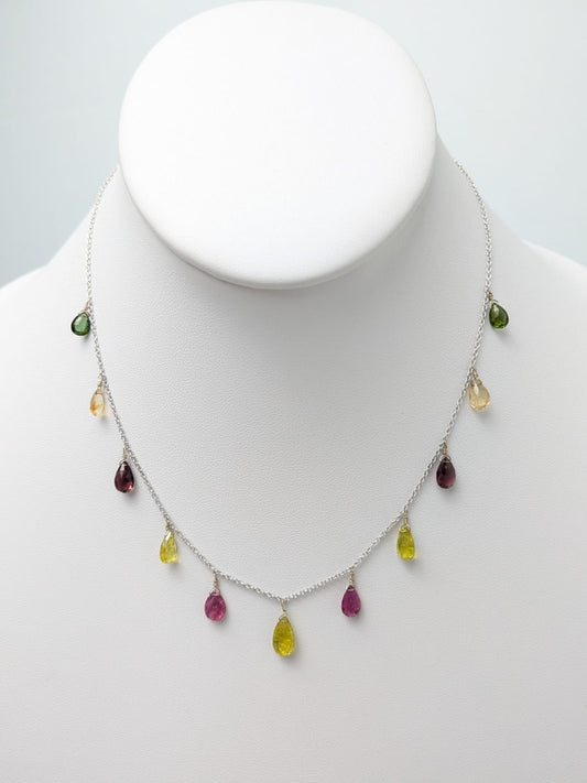 16" Multicolor Tourmaline Station Dangly Necklace in 18KW - NCK-716