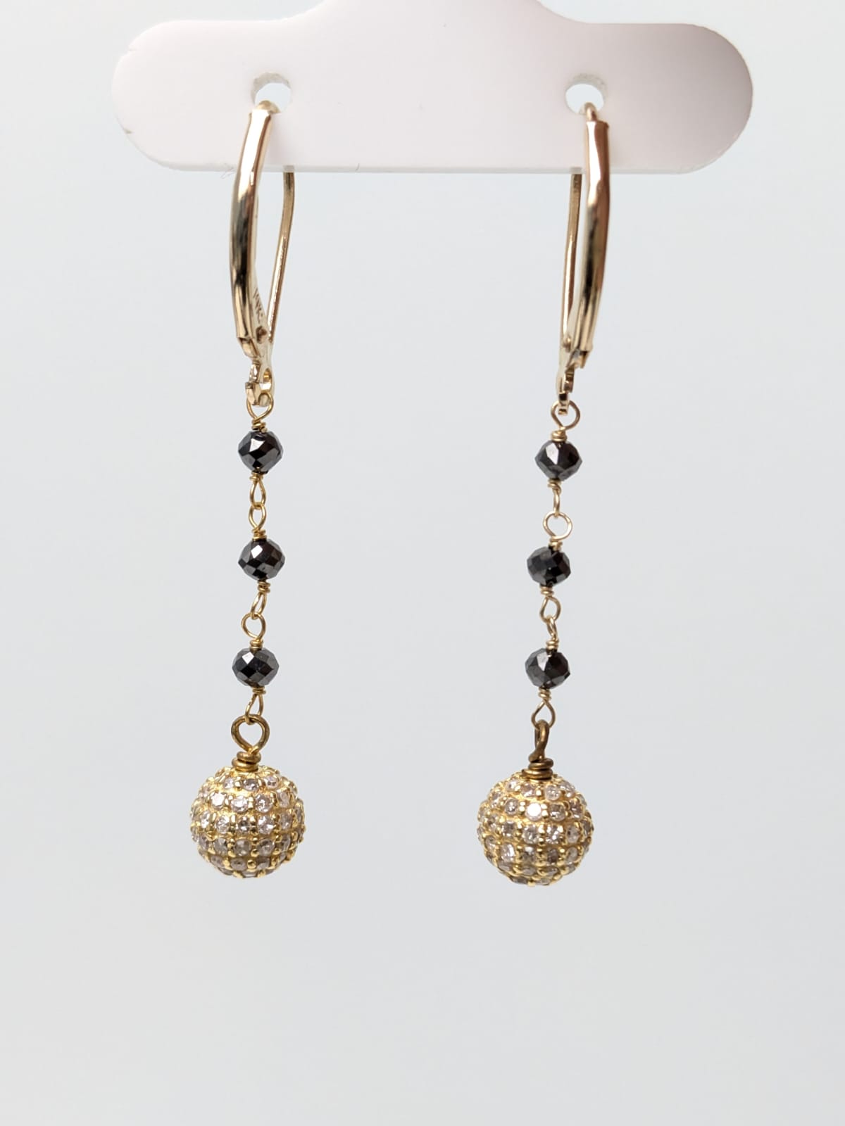 Black Diamond Drop Earrings with White Diamond Pave Balls in 14KY