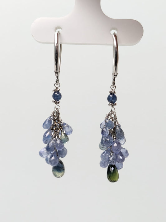 Blue/Green Sapphire Cluster Earrings in 14KW - EAR-415