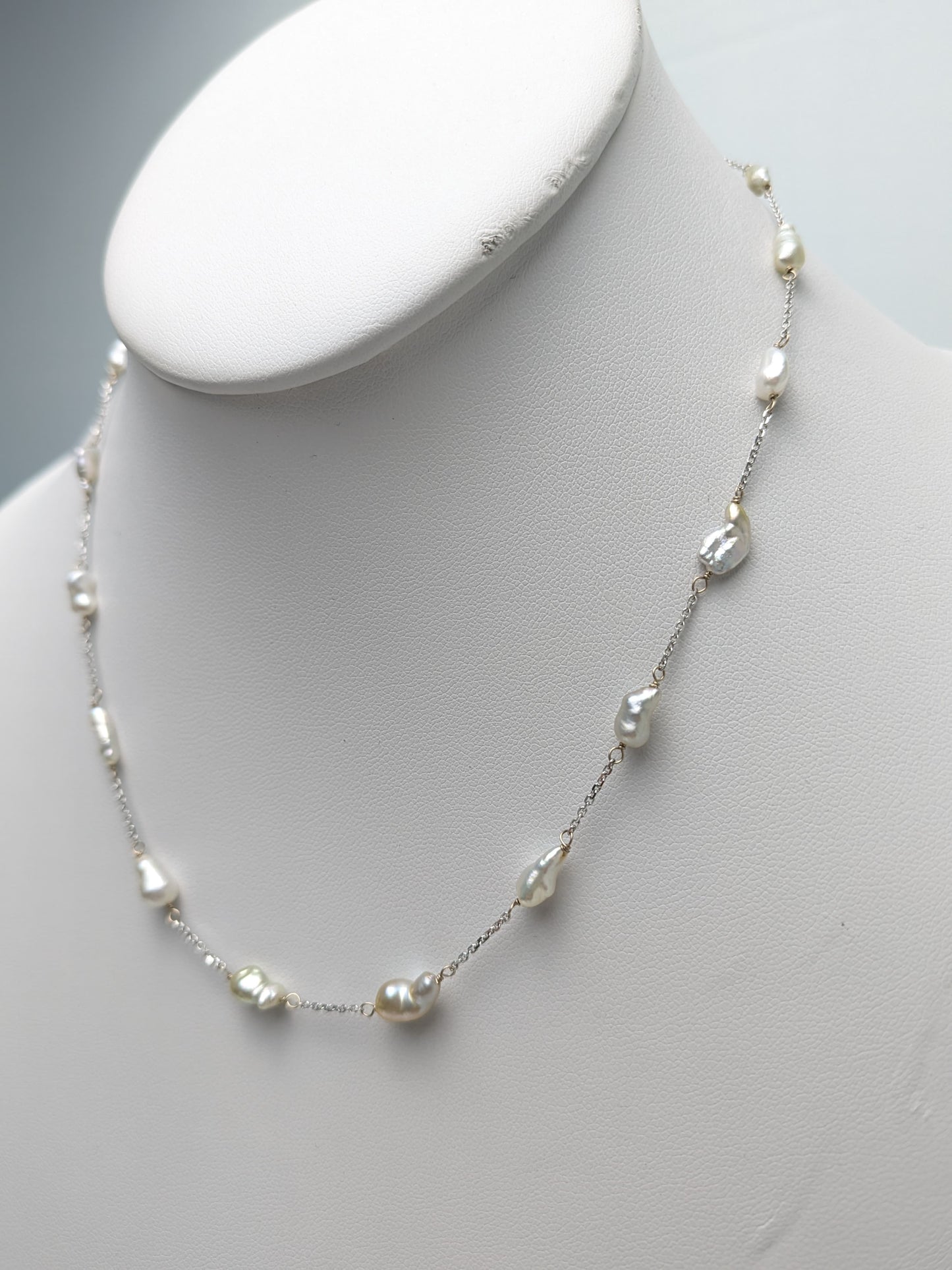 16" Keshi Pearl Station Necklace in 14KW - NCK-763