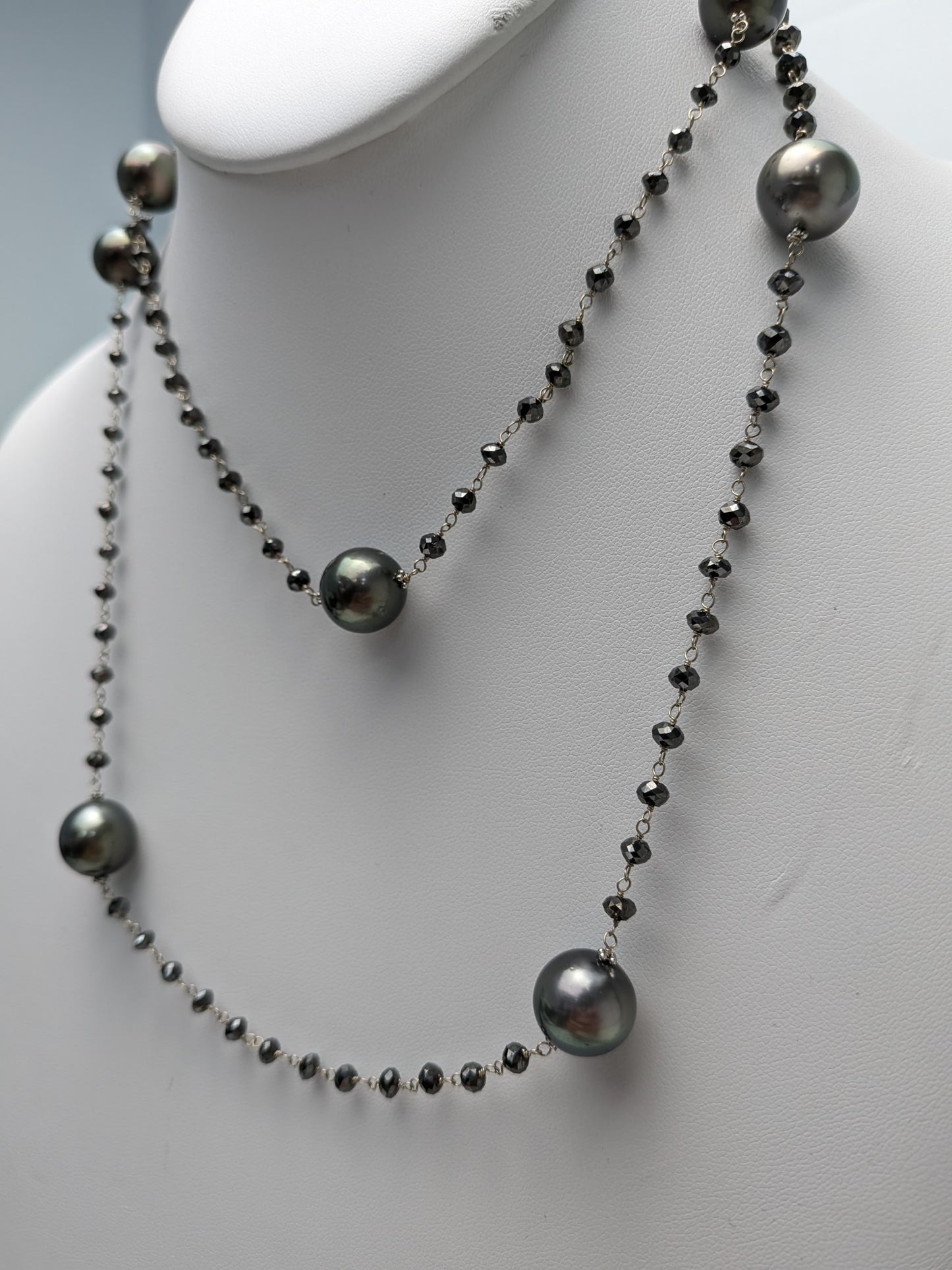 36" Tahitian Pearl and Black Diamond Rosary Necklace in 14KW - NCK-765