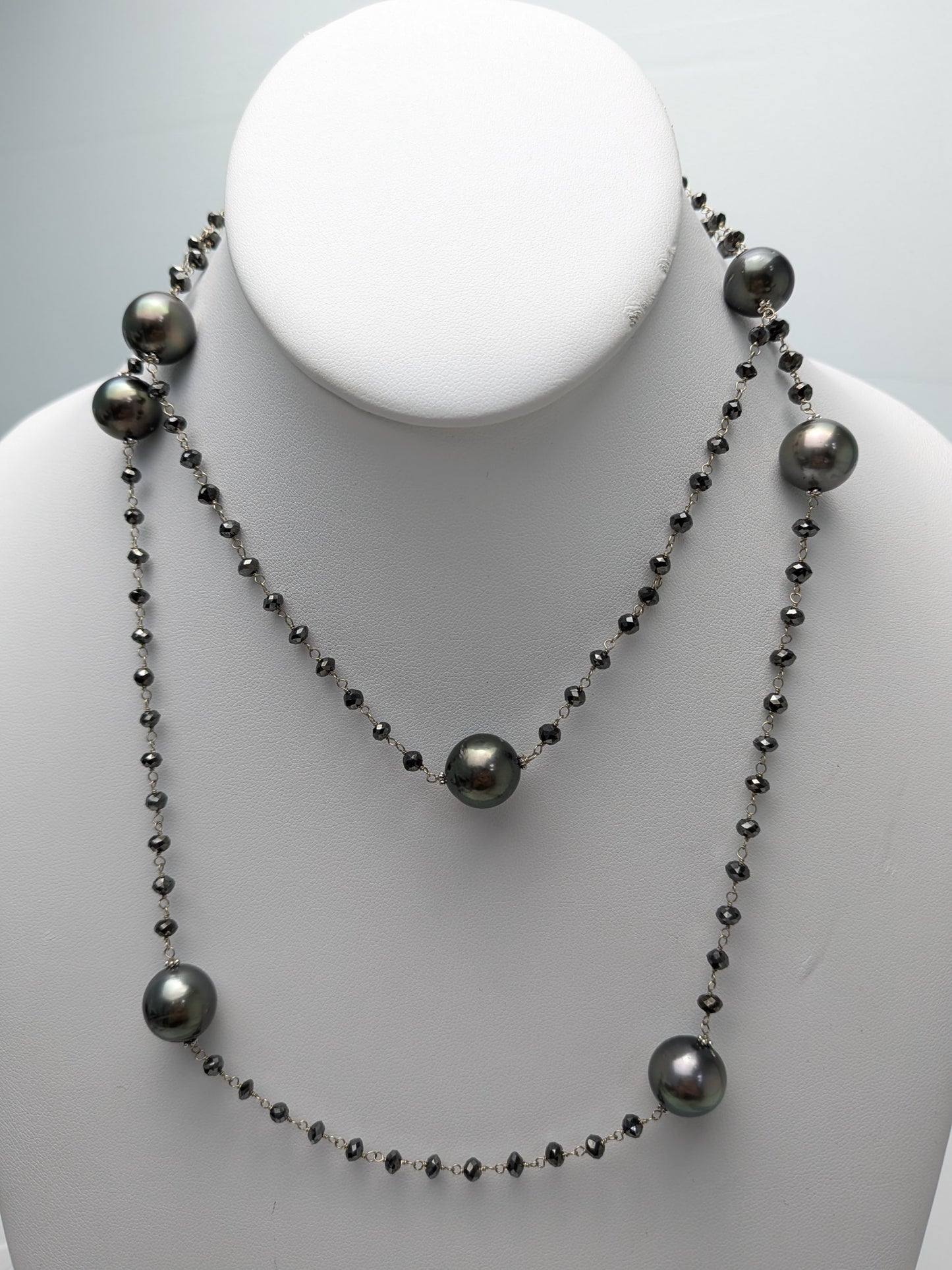 36" Tahitian Pearl and Black Diamond Rosary Necklace in 14KW - NCK-765