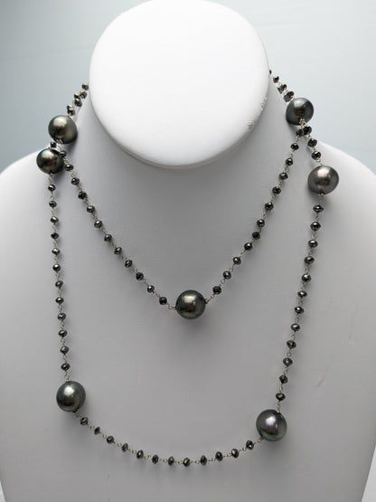 36" Tahitian Pearl and Black Diamond Rosary Necklace in 14KW - NCK-765