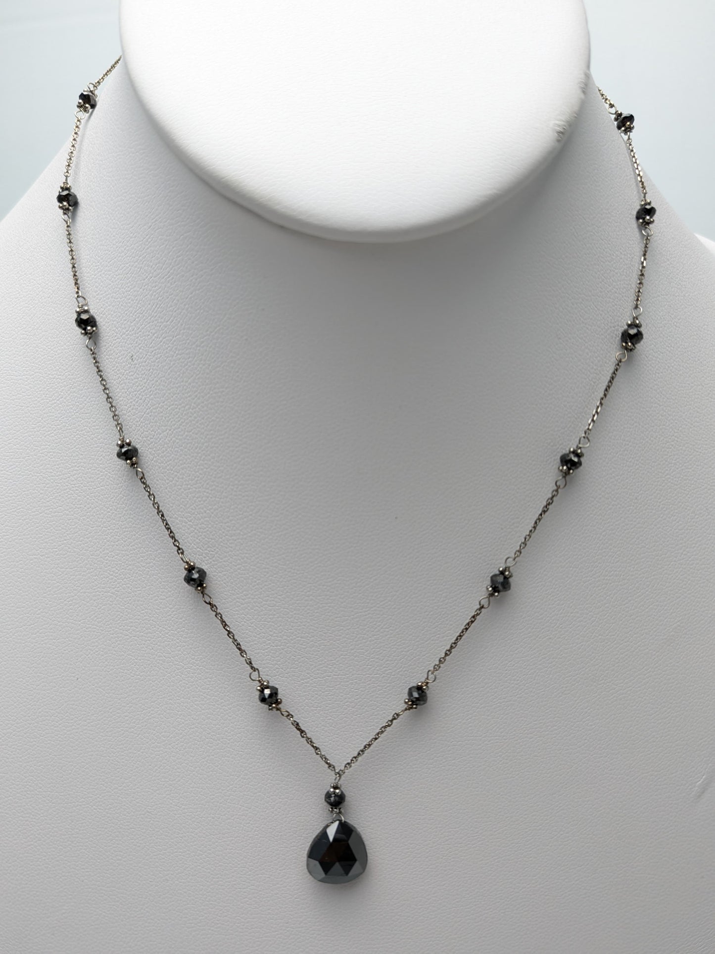 14KW Gunmetal Rhodium Plated 16" Black Diamond Station Necklace with Pear Drop
