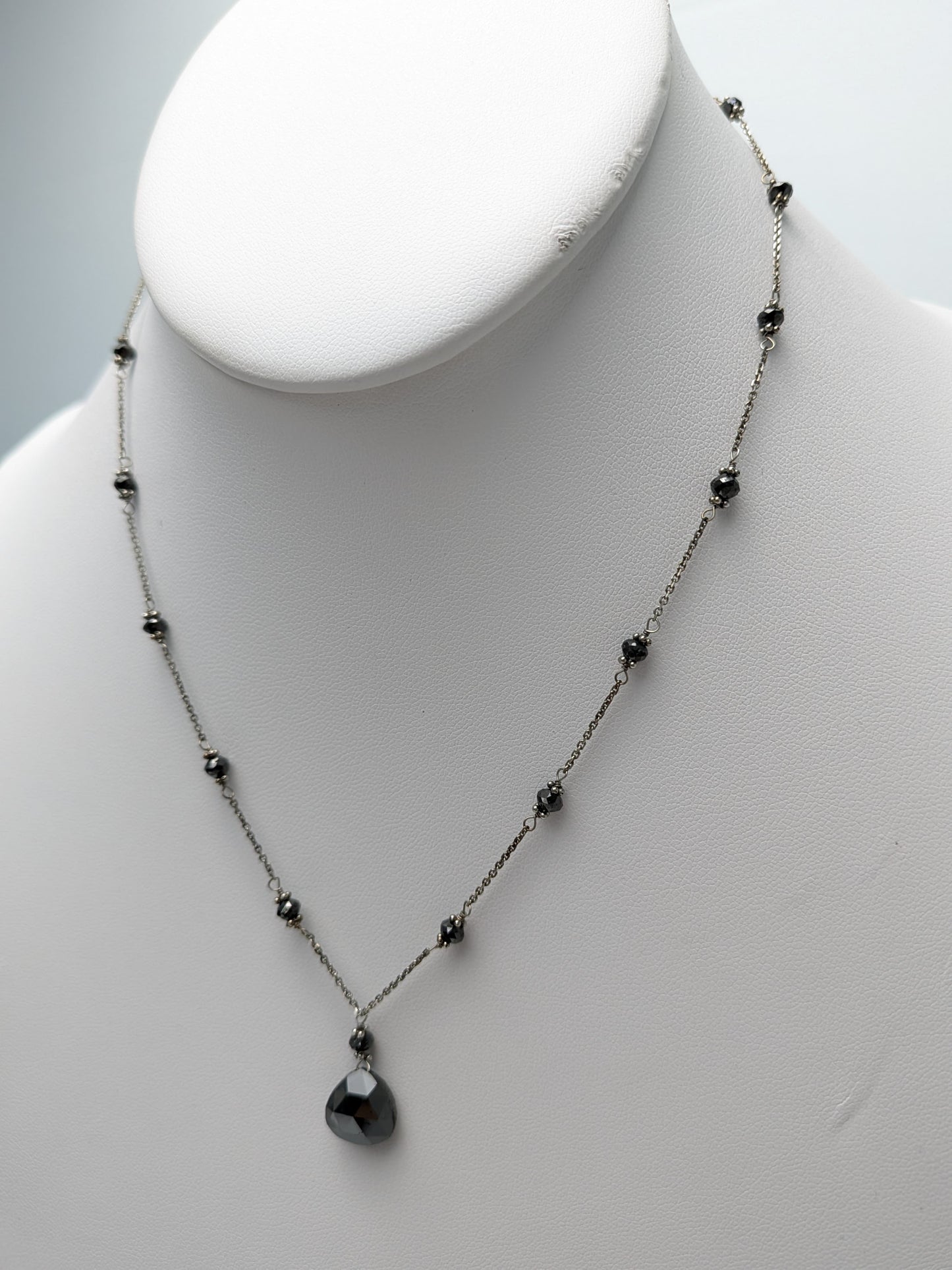 14KW Gunmetal Rhodium Plated 16" Black Diamond Station Necklace with Pear Drop