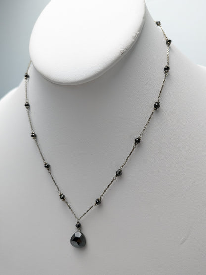 14KW Gunmetal Rhodium Plated 16" Black Diamond Station Necklace with Pear Drop
