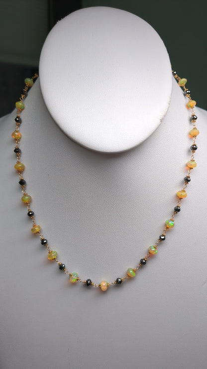 Deal of the Day - 16-19" Opal and Black Diamond Rosary/Strand Necklace in 14KY