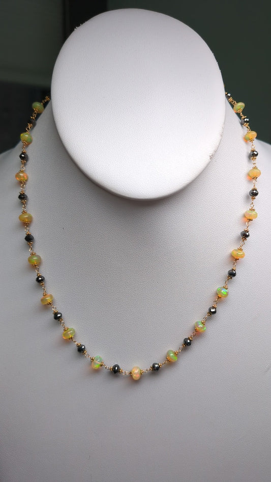 16-19" Opal and Black Diamond Rosary Necklace in 14KY