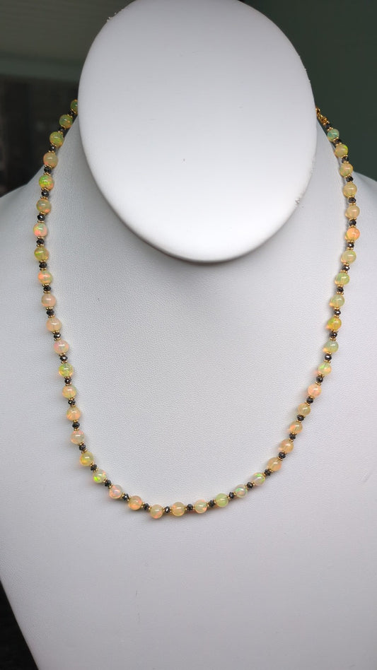16-19" Opal and Black Diamond Strand Necklace in 14KY