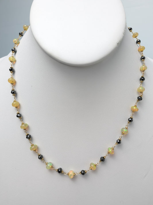 16"-17.5" Ethiopian Opal and Black Diamond Rosary Necklace with 14KY Gold Rondelle Accents