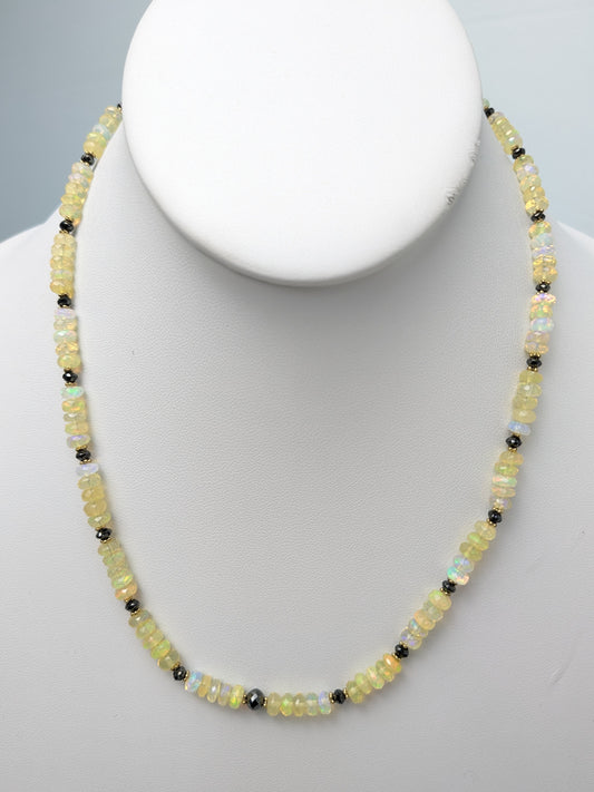 18" Ethiopian Opal and Black Diamond Strand Necklace with 14KY Gold Rondelle Accents NCK-781