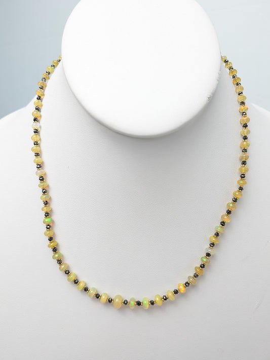 17.5" Ethiopian Opal and Black Diamond Strand Necklace with 14KY Gold Rondelle Accents NCK-783