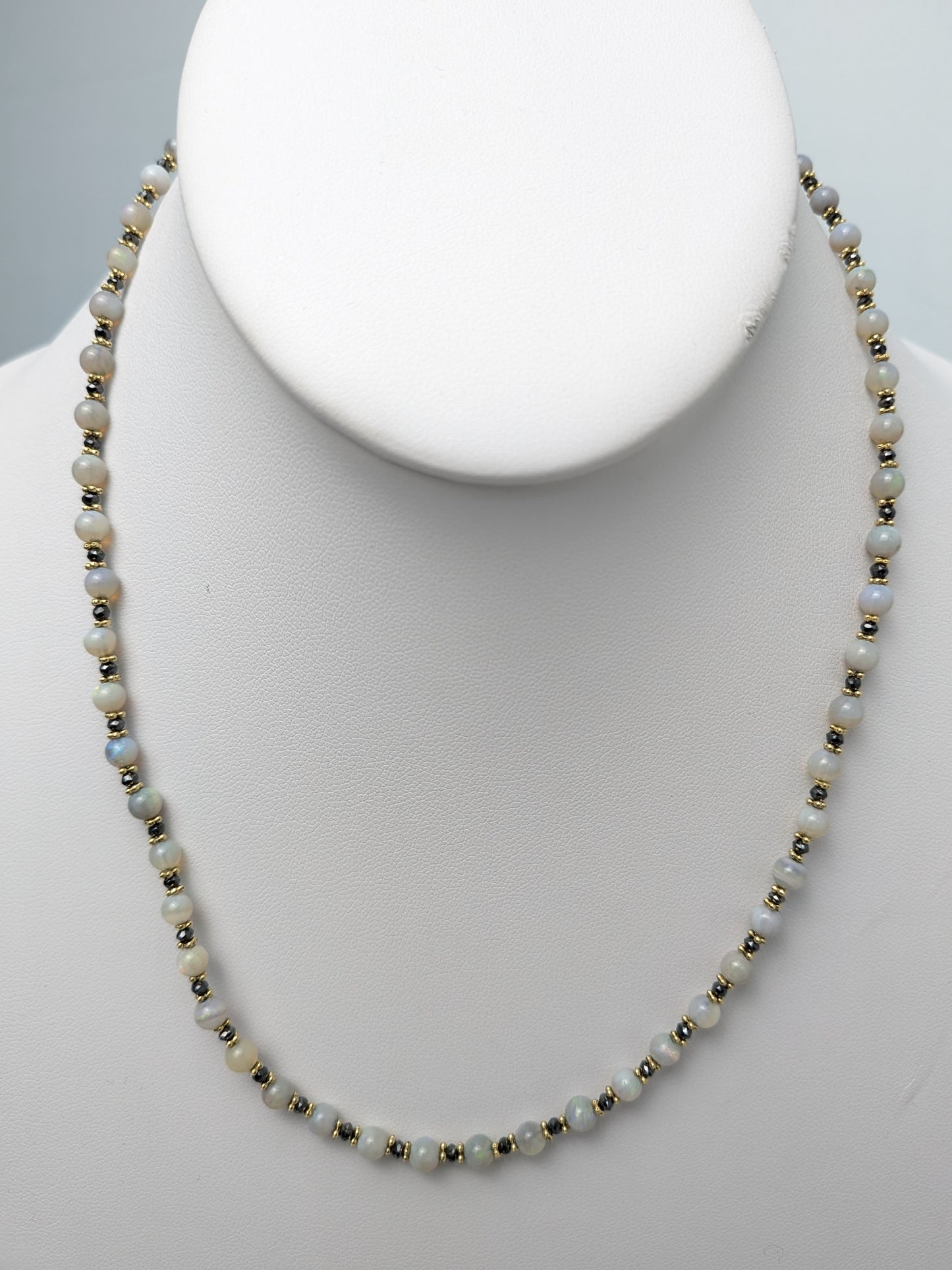 18" Ethiopian Opal and Black Diamond Strand Necklace with 14KY Gold Rondelle Accents NCK-782