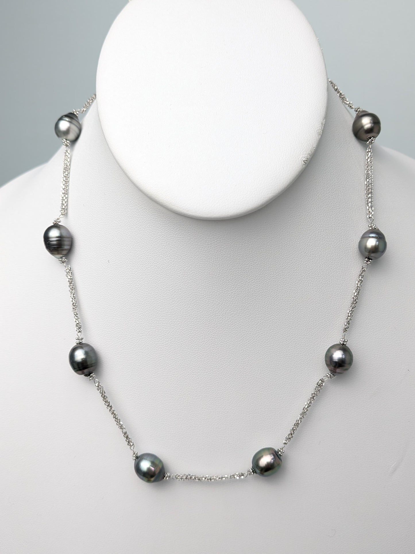 18" Tahitian Pearl 8 Station Necklace with Triple Chain  in 14KW - NCK-798