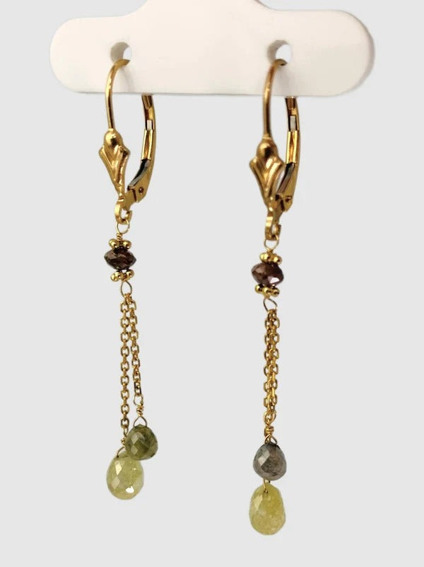 SALE - Lariat Earrings With Multicolor Diamonds in 14KW and 14KY Gold