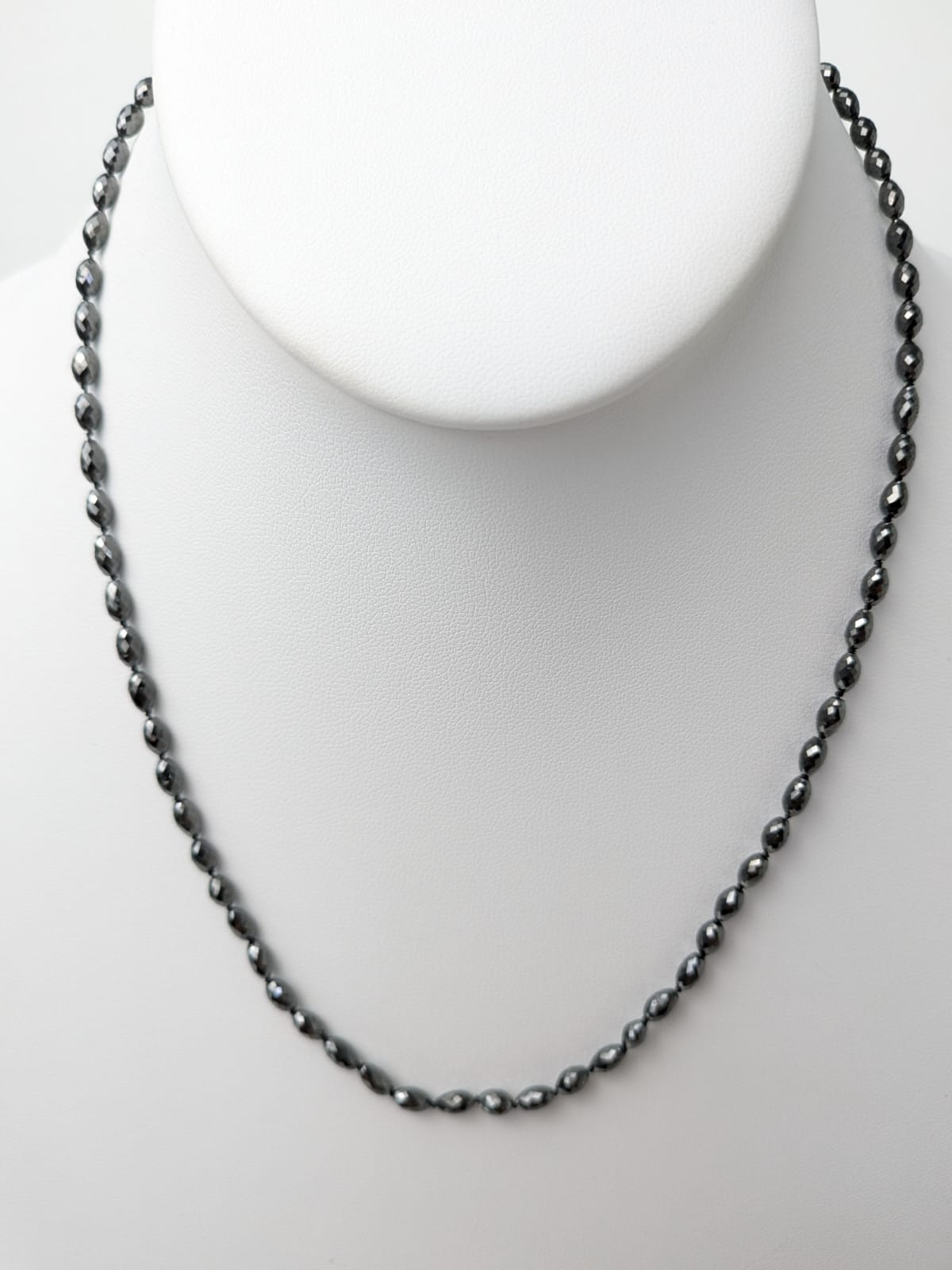 Black Diamond Knotted Solid Strand Necklace in 14KW Gold 3x5mm Oval Bead Size