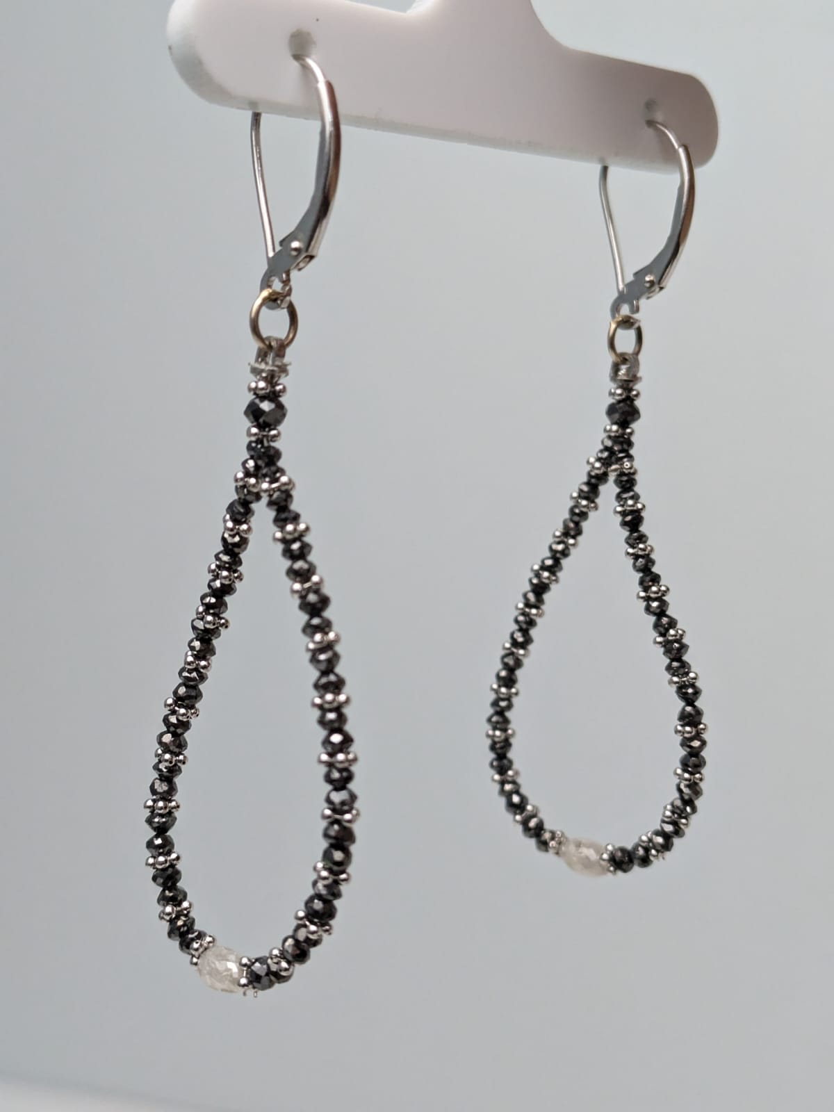 SALE - Black Diamond Pear Drop Earrings With Gold Rondelles And Grey Diamond Accents in 14KY and 14KW