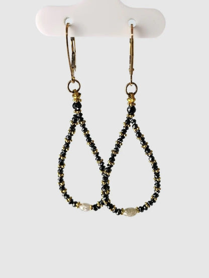 SALE - Black Diamond Pear Drop Earrings With Gold Rondelles And Grey Diamond Accents in 14KY and 14KW