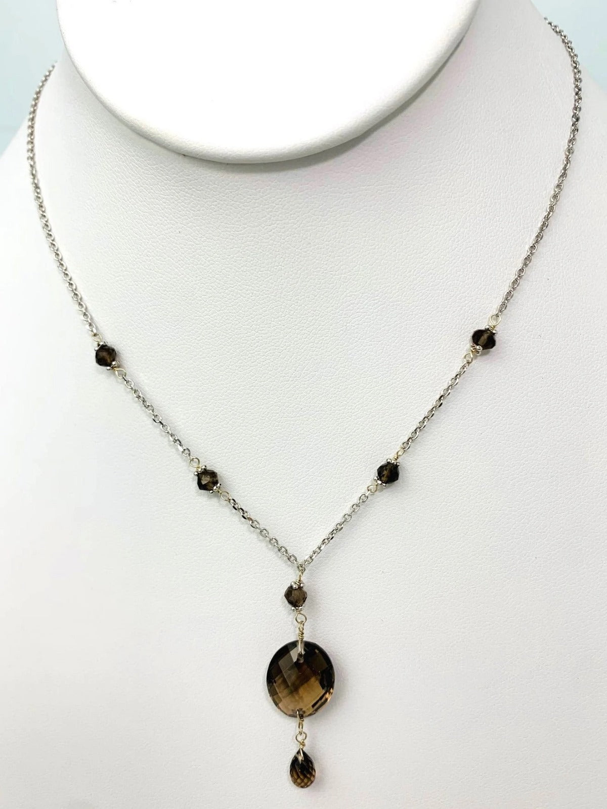 16-17" Smokey Quartz Station Necklace With Oval Checkerboard And Briolette Lariat Drop in 14KW - NCK-358-TNCDRPGM14W-SQ-16