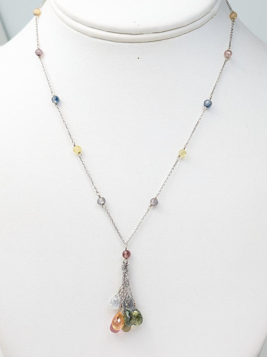 18" Multicolor Sapphire Tassel Necklace in 14KW - NCK-717