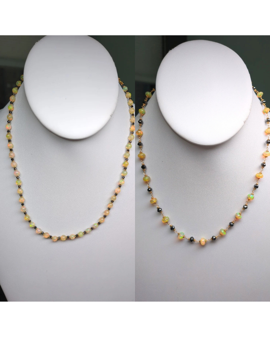 Deal of the Day - 16-19" Opal and Black Diamond Rosary/Strand Necklace in 14KY