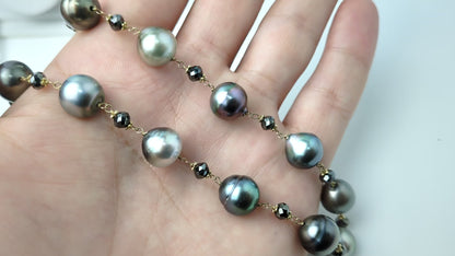 20" Tahitian Pearl and Black Diamond Rosary Necklace in 14KY - NCK-767