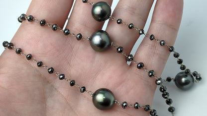36" Tahitian Pearl and Black Diamond Rosary Necklace in 14KW - NCK-765