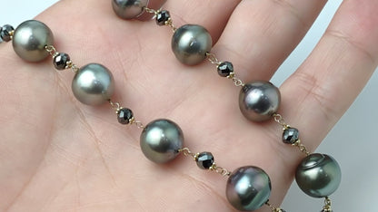 18" Tahitian Pearl and Black Diamond Rosary Necklace in 14KY - NCK-766