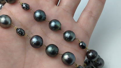 27" Tahitian Pearl and Black Diamond Rosary Necklace in 14KY - NCK-768