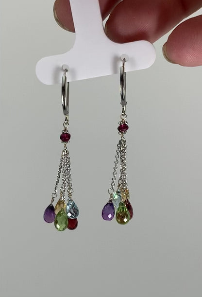 Multicolored Gemstone 5 stone Tassel Earrings 14KW - EAR-028-5DTSGM14W-MLTI