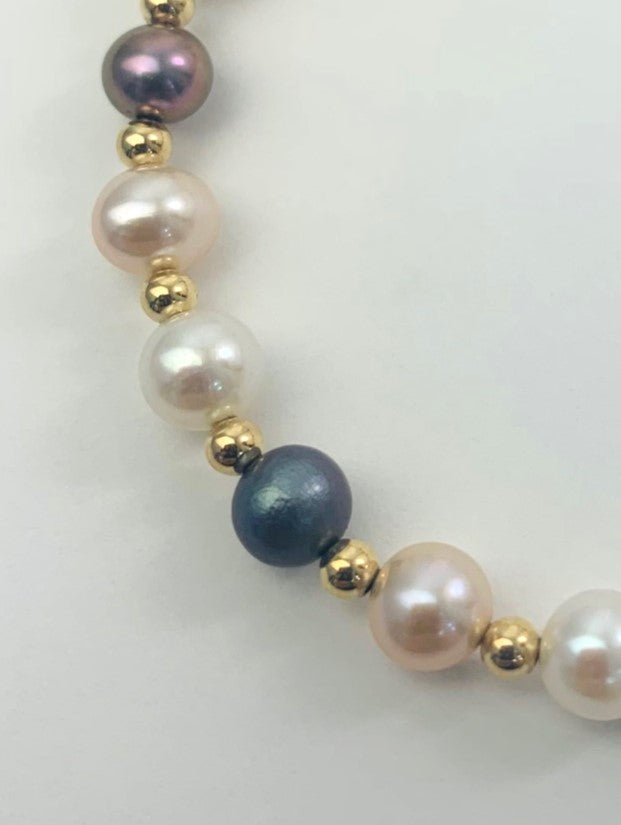 White, Pink, and Purple Pearl and Gold Bead Bracelet in 14KY - BRC-002-CRDPRL-14Y-MLTI-7.25