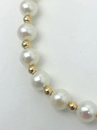White Pearl and Gold Bead Bracelet in 14KY - BRC-002-CRDPRL-14Y-WH-7.25