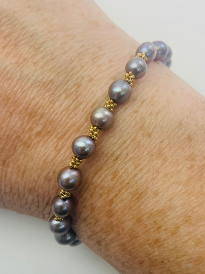 Clearance Sale! - Purple Pearl and Gold Rondelle Bracelet in 14KY - BRC-003-CRDPRL-14Y-PRL-7