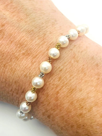 Clearance Sale! - White Pearl and Gold Rondelle Bracelet in 14K - BRC-003-CRDPRL-14M-WH-7