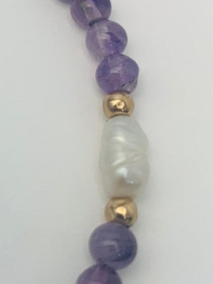 Amethyst and Freshwater Pearl Bracelet in 14KY - BRC-004-CRDPRLGM-14Y-WHAM-7.5
