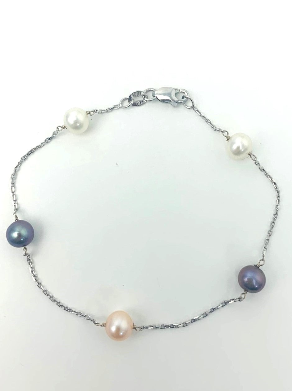 White, Pink and Dyed Peacock Pearl Bracelet in 14KW - BRC-007-TNCPRL-14W-MLTI-7