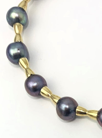 Clearance Sale! - 7" Peacock Dyed Freshwater Cultured Pearl Bracelet With Yellow Gold Beads in 14KY - BRC-015-CRDPRL14Y-BK-7