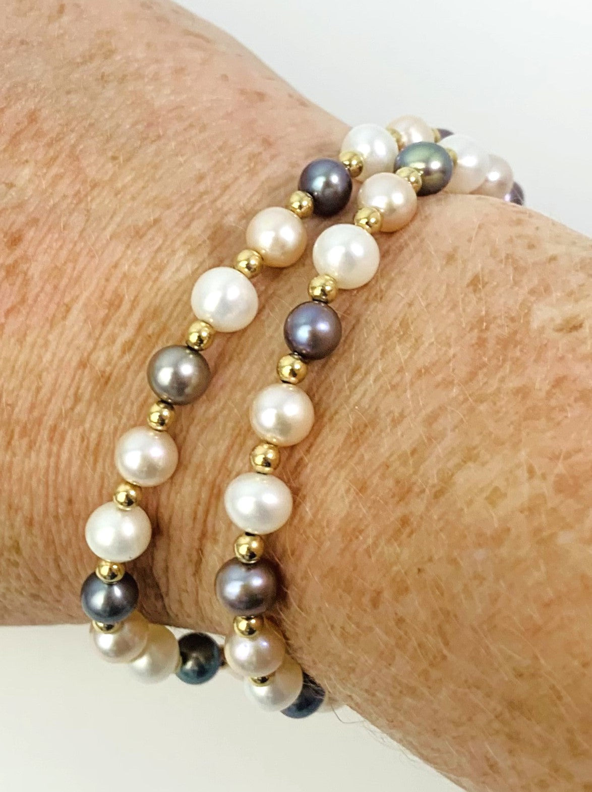 Clearance Sale! - 7.75" Double Row Pearl Bracelet in 14KY - BRC-020-DBLPRL14Y-MLTI-7.75