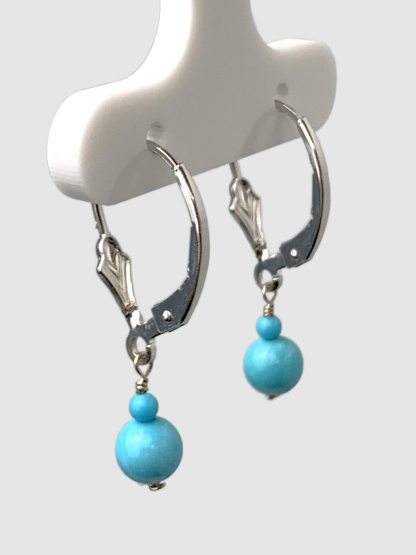 Turquoise  2 Bead Drop Earrings  in 14KW - EAR-020-WIREGM14W-TQ