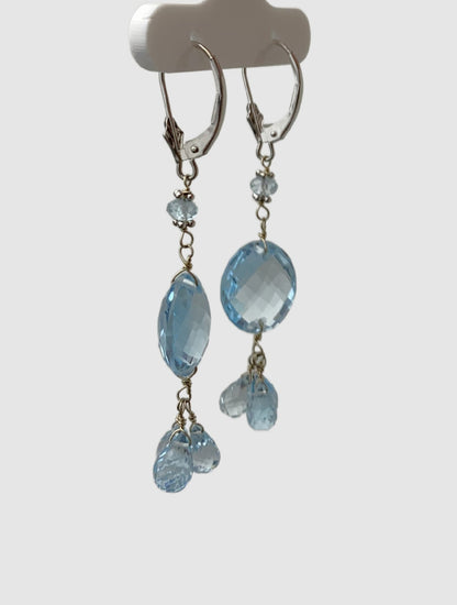 Blue Topaz 3 Station Drop Earrings with Tassel Bottoms  in 14KW - EAR-024-3DTSGM14W-BT