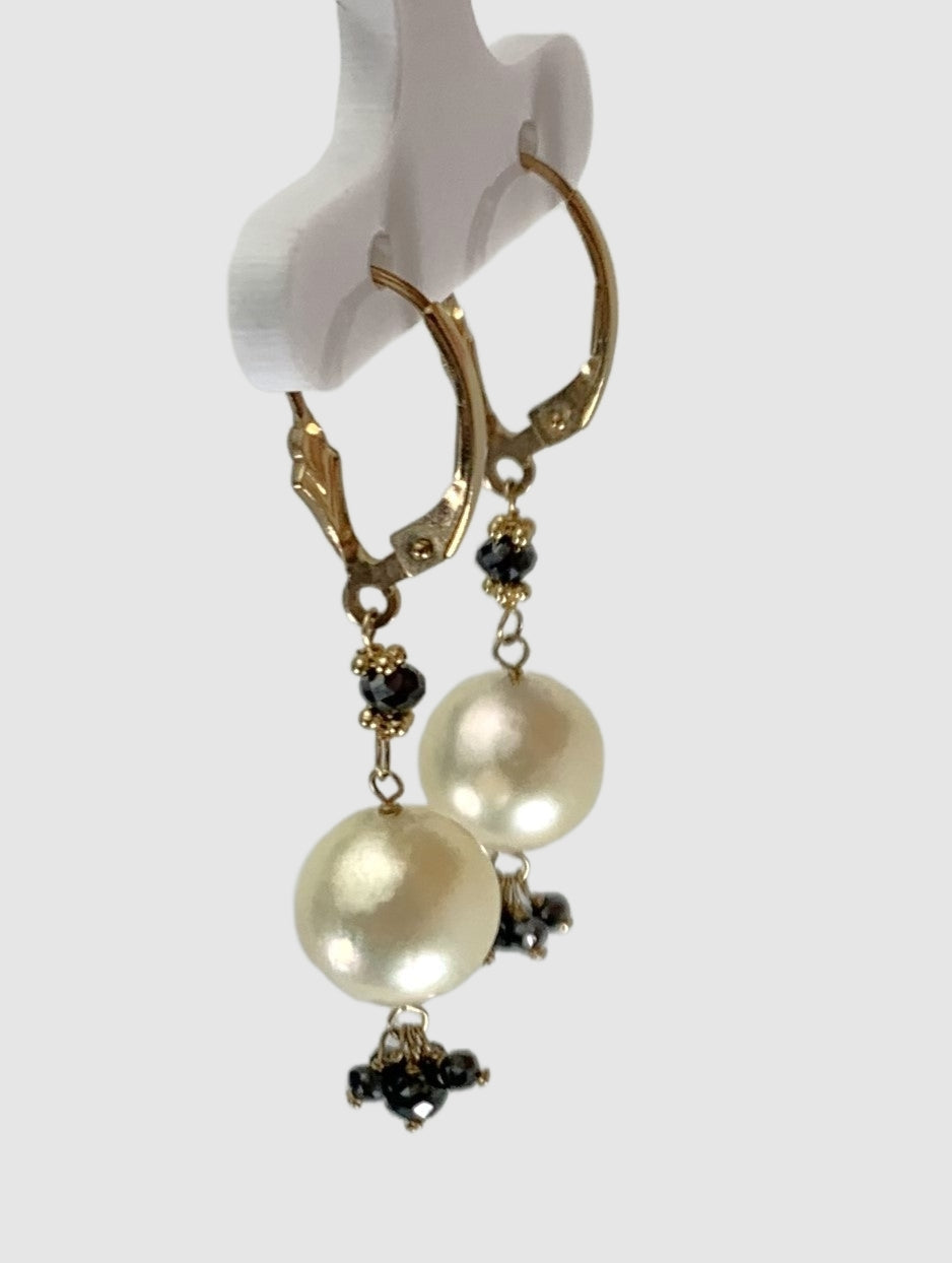 Pearl and Black Diamond Tassel Drop Earrings in 14KY - EAR-024-TSPRLDIA14Y-WHBLK 1.10ctw