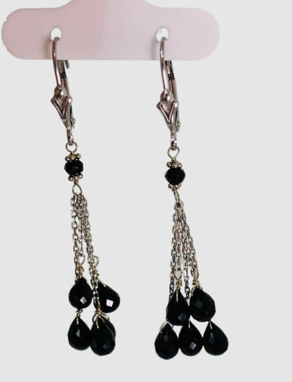 Onyx 5 Stone Tassel Earrings in 14KW - EAR-028-5DTSGM14W-OX